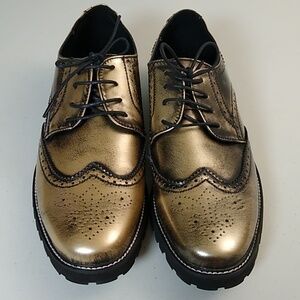 Men's New, Gold & Black Wing Tip, Lug Sole, Oxford Shoes